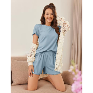 Ekouaer Womens Pajamas 2 Piece Ribbed Knit Pjs Short Sleeve Sleepwear Set Summer Soft Pajamas Set Casual Lounge Sets Blue XL