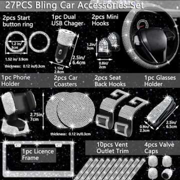 NBTEPEM 27 PCs Bling Car Accessories Set for Women, Steering Wheel Covers Universal Fit 15 Inch, Lic...