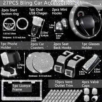 NBTEPEM 27 PCs Bling Car Accessories Set for Women, Steering Wheel Covers Universal Fit 15 Inch, Lic...