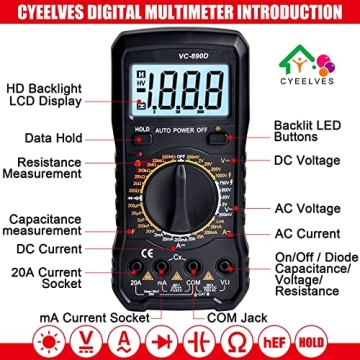 Cyeelves Digital Multimeter Auto-Ranging with Backlit LCD