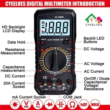Cyeelves Digital Multimeter Auto-Ranging with Backlit LCD