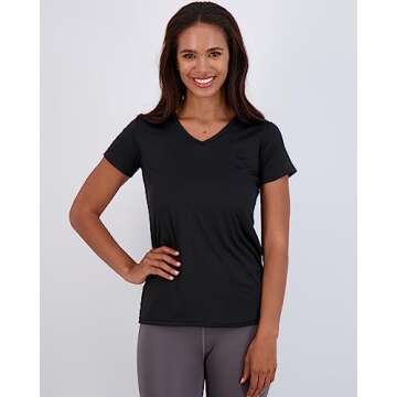 Real Essentials 5 Pack: Women's Short Sleeve V-Neck Activewear T-Shirt Dry-Fit Wicking Yoga Top (Ava...