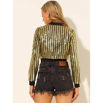 Allegra K Shiny Gold Sequin Cropped Jacket for Parties
