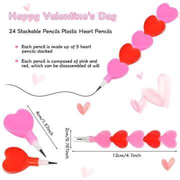 Chinco 24 Pieces Valentine's Day Pencils Stackable Pencils Plastic Heart Pencils Stacking Colored Pe...