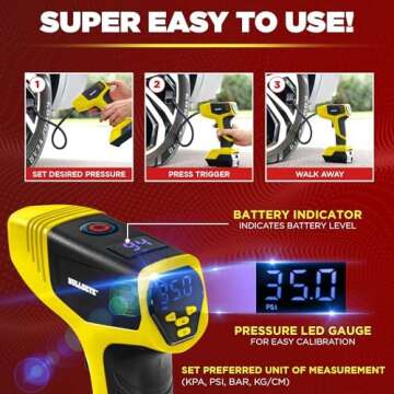 Bullseye Pro Tire Inflator Portable Air Compressor, Car Tire Inflator Portable, Portable Air Pump for Car Tires - 150PSI, 12V DC 1500 mAhs with Tire Pressure Gauge, Rechargeable As Seen On TV(Yellow)