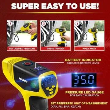 Bullseye Pro Tire Inflator Portable Air Compressor, Car Tire Inflator Portable, Portable Air Pump for Car Tires - 150PSI, 12V DC 1500 mAhs with Tire Pressure Gauge, Rechargeable As Seen On TV(Yellow)