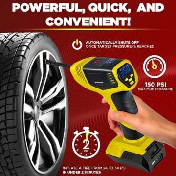 Bullseye Pro Tire Inflator Portable Air Compressor, Car Tire Inflator Portable, Portable Air Pump for Car Tires - 150PSI, 12V DC 1500 mAhs with Tire Pressure Gauge, Rechargeable As Seen On TV(Yellow)