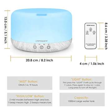 URPOWER 1000ml Essential Oil Diffuser, Remote Control Humidifiers Aroma Diffuser Ultrasonic Diffuser...