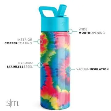 Simple Modern Kids Water Bottle with Straw Lid | Insulated Stainless Steel Reusable Tumbler for Toddlers, School | Summit Collection | 18oz, Tie-Dye
