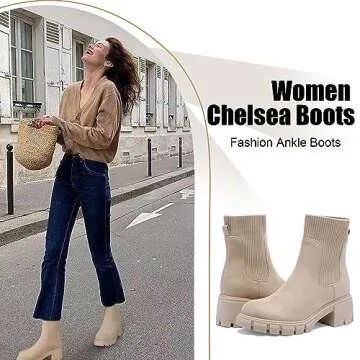Lookyno Women's Slip On Chunky Heel Chelsea Boots