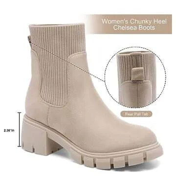 Lookyno Women's Slip On Chunky Heel Chelsea Boots
