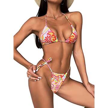 SOLY HUX Women's Floral Print 2 Piece Swimsuits Cute Bikini Set Halter Triangle Sexy Bathing Suit Floral Multicoloured Printed M