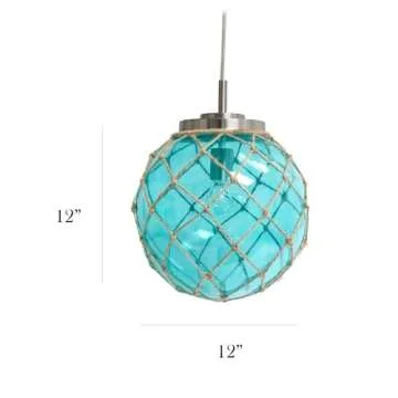 Elegant Designs PT1003-AQU Buoy Netted Brushed Nickel Coastal Ocean Sea Glass Pendant with Natural Rope, Aqua