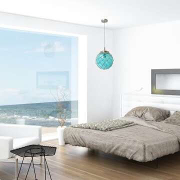 Elegant Designs PT1003-AQU Buoy Netted Brushed Nickel Coastal Ocean Sea Glass Pendant with Natural Rope, Aqua