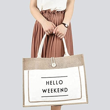 JOSSOIOJ HELLO WEEKEND Printed Custom Jute Tote Bags with Canvas Front Pocket Reusable Natural Burlap Bags for Gifts, Shopping (Color : White, Size : 18X14X6 inch)