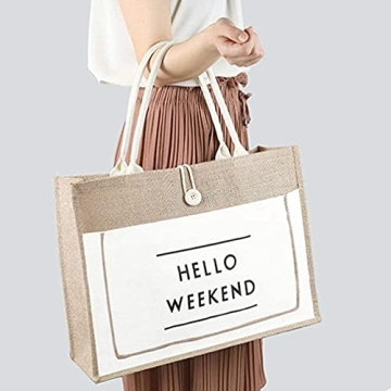JOSSOIOJ HELLO WEEKEND Printed Custom Jute Tote Bags with Canvas Front Pocket Reusable Natural Burlap Bags for Gifts, Shopping (Color : White, Size : 18X14X6 inch)