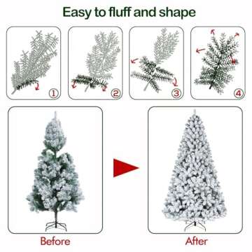 Hykolity 6.5 ft Snow Flocked Christmas Tree, Prelit Artificial Tree with 250 Warm White Lights, 1032 Branch Tips, Metal Stand and Hinged Branches