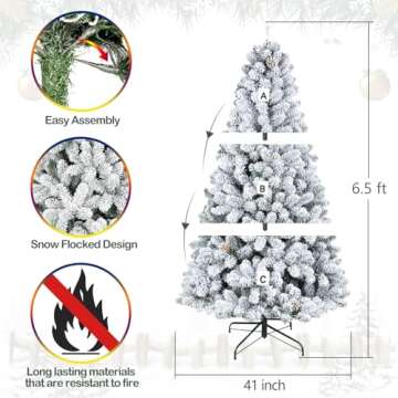 Hykolity 6.5 ft Snow Flocked Christmas Tree, Prelit Artificial Tree with 250 Warm White Lights, 1032 Branch Tips, Metal Stand and Hinged Branches