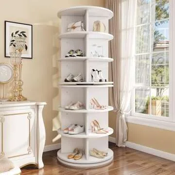 YITAHOME 6 Tier Rotating Shoe Rack Tower, Free Standing 360° Revolving Shoe Organizer, Lazy Susan Shoe Rack for Entryway, Round Spinning Shoe Display, Vertical Handbag Rotate Shoes Organization, White
