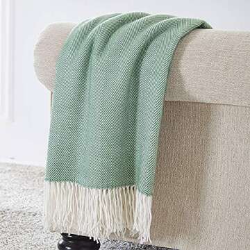 BOURINA Herringbone Two Tone Throw Blanket Faux Cashmere Fringe Soft Lightweight Cozy for Bed Couch ...