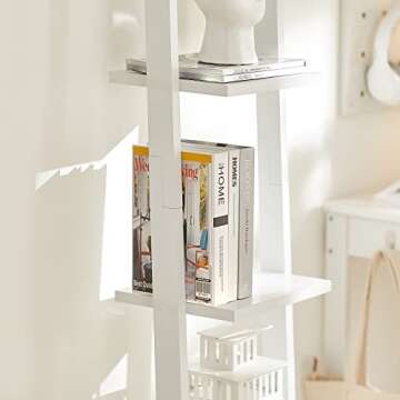 Haotian Ladder Shelves, 4-Tier Storage Display Organizer Rack, Wall-Leaning Bookshelf, Wooden Wall Shelf for Bathroom Living Room Study Room, White FRG15-W