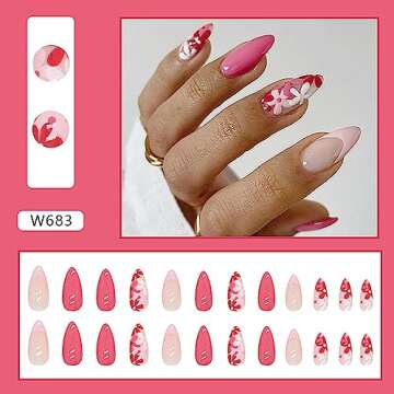 Medium Press on Nails Almond Fake Nails Pink Acrylic Nails with Floral Designs Full Cover Glue on Nails Flower Stick on Nails Summer Daisy Artificial Nails for Women and Girls 24PCS