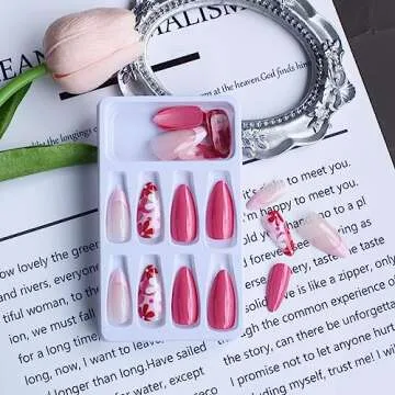 Medium Press on Nails Almond Fake Nails Pink Acrylic Nails with Floral Designs Full Cover Glue on Nails Flower Stick on Nails Summer Daisy Artificial Nails for Women and Girls 24PCS