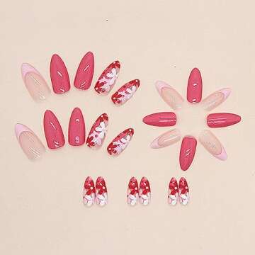 Medium Press on Nails Almond Fake Nails Pink Acrylic Nails with Floral Designs Full Cover Glue on Nails Flower Stick on Nails Summer Daisy Artificial Nails for Women and Girls 24PCS