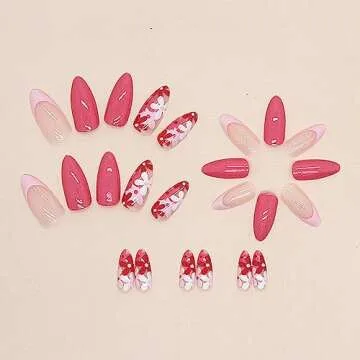 Medium Press on Nails Almond Fake Nails Pink Acrylic Nails with Floral Designs Full Cover Glue on Nails Flower Stick on Nails Summer Daisy Artificial Nails for Women and Girls 24PCS