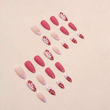 Medium Press on Nails Almond Fake Nails Pink Acrylic Nails with Floral Designs Full Cover Glue on Nails Flower Stick on Nails Summer Daisy Artificial Nails for Women and Girls 24PCS