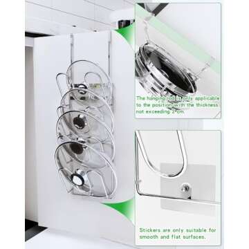 QIHS 4-Tier Pot Lid Organizer, Cabinet Door Pot Lid Organizer, Door Lid Holder for Kitchen Lid Storage, Stainless Steel Sturdy and Durable, For Cabinet or Food Cabinet/Door Installation