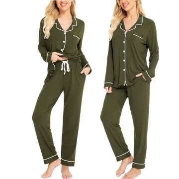 Soft Button Down Women’s Pajamas Set in Army Green