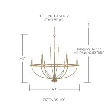 HomePlace Lighting 428501AD Greyson Urban/Industrial Vine-Style Round Chandelier, 12-Light 720 Total Watts, 40" H x 40" W, Aged Brass