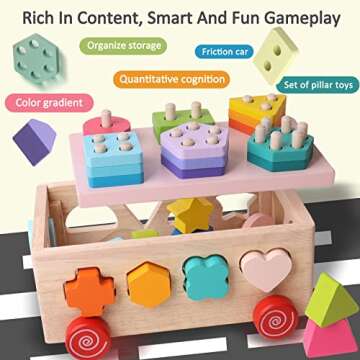 Wakagen Montessori Toys Children's Educational Toys Shape Block Cart Wooden Shape Sorting Toys Boys ...