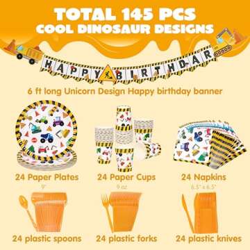 JOYIN 145 Pcs Construction Birthday Party Supplies Set - Plates, Cups, Napkins & Banner for Kids 6-8...
