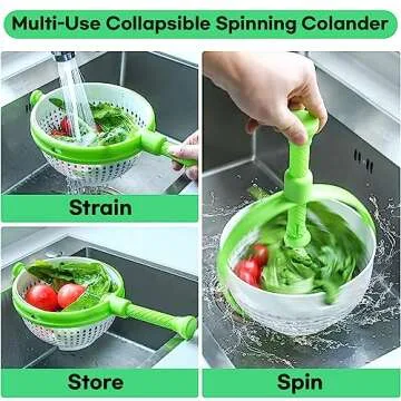 BANU Salad Spinner, Multi-Use Kitchen Collapsible Spinning Colander with Handle, Strainer, Washer Dryer Drainer Compact Storage, for Washing, Cleaning & Drying Greens, Vegetables, Fruits