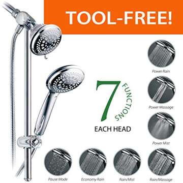 DreamSpa 3-way Shower Combo PLUS Instant-Mount Drill-Free Slide Bar - Enjoy Overhead & Handheld Show...