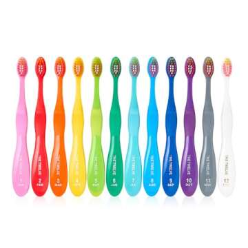 The Twelve Step3 Kids Toothbrush Vivid - Soft Bristles for Boys & Girls Ages 3+ - 12-Pack Rainbow Br...