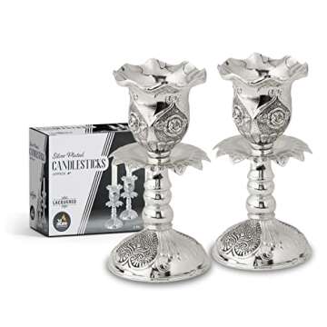 Ner Mitzvah Silver Plated Candlesticks, Pair of 4 Inch Ornate Candle Holders with Round Base and Floral Design (Pack of 2)