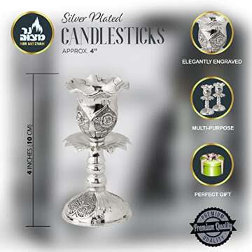 Ner Mitzvah Silver Plated Candlesticks, Pair of 4 Inch Ornate Candle Holders with Round Base and Floral Design (Pack of 2)