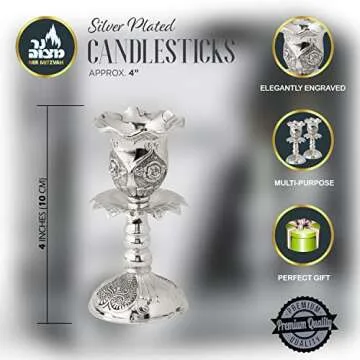 Ner Mitzvah Silver Plated Candlesticks, Pair of 4 Inch Ornate Candle Holders with Round Base and Floral Design (Pack of 2)