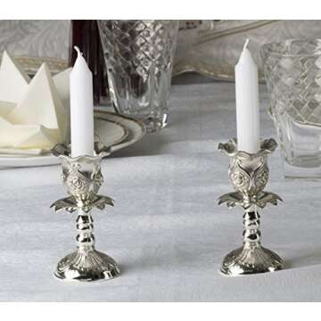Ner Mitzvah Silver Plated Candlesticks, Pair of 4 Inch Ornate Candle Holders with Round Base and Floral Design (Pack of 2)