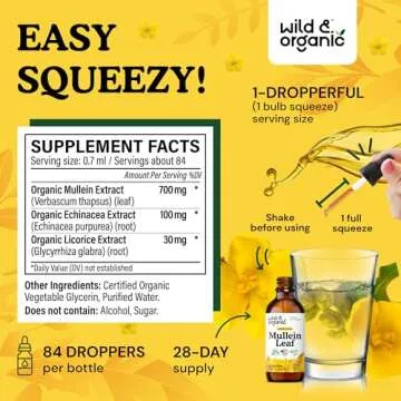 Wild & Organic Mullein Drops for Lungs - Lung Detox and Cleanse - Liquid Mullein Leaf Tincture - Vegan, Sugar & Alcohol-Free Extract Supplement - 2 fl oz
