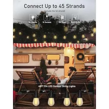 48FT Outdoor String Lights Waterproof Commercial Grade Patio Lights with 16 LED Warm White Bulbs, Di...