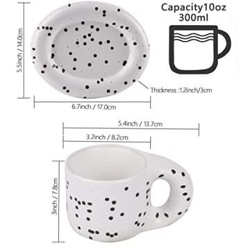 Koythin Ceramic Coffee Chubby Mug Saucer Set, Creative Cute Fat Handle Cup with Saucer for Office and Home, Dishwasher and Microwave Safe, 10 oz for Latte Tea Milk (Dot Black)