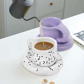 Koythin Ceramic Coffee Chubby Mug Saucer Set, Creative Cute Fat Handle Cup with Saucer for Office and Home, Dishwasher and Microwave Safe, 10 oz for Latte Tea Milk (Dot Black)