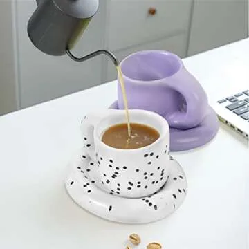 Koythin Ceramic Coffee Chubby Mug Saucer Set, Creative Cute Fat Handle Cup with Saucer for Office and Home, Dishwasher and Microwave Safe, 10 oz for Latte Tea Milk (Dot Black)