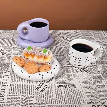 Koythin Ceramic Coffee Chubby Mug Saucer Set, Creative Cute Fat Handle Cup with Saucer for Office and Home, Dishwasher and Microwave Safe, 10 oz for Latte Tea Milk (Dot Black)