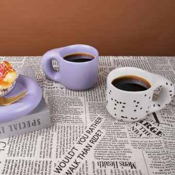 Koythin Ceramic Coffee Chubby Mug Saucer Set, Creative Cute Fat Handle Cup with Saucer for Office and Home, Dishwasher and Microwave Safe, 10 oz for Latte Tea Milk (Dot Black)