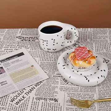 Koythin Ceramic Coffee Chubby Mug Saucer Set, Creative Cute Fat Handle Cup with Saucer for Office and Home, Dishwasher and Microwave Safe, 10 oz for Latte Tea Milk (Dot Black)